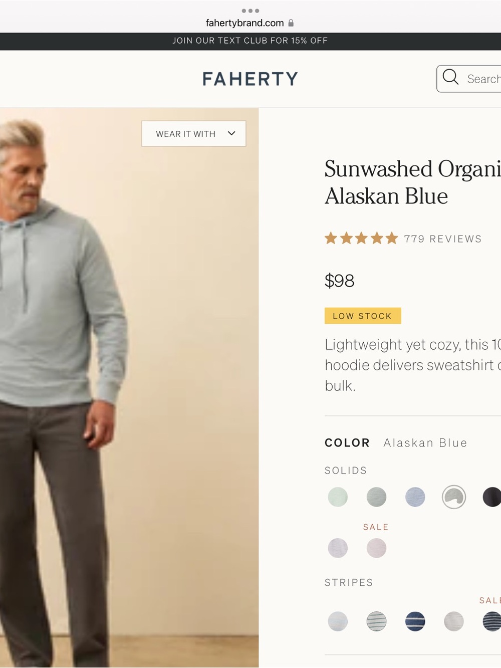 Faherty Sunwashed Organic Hoodie in Alaskan Blue